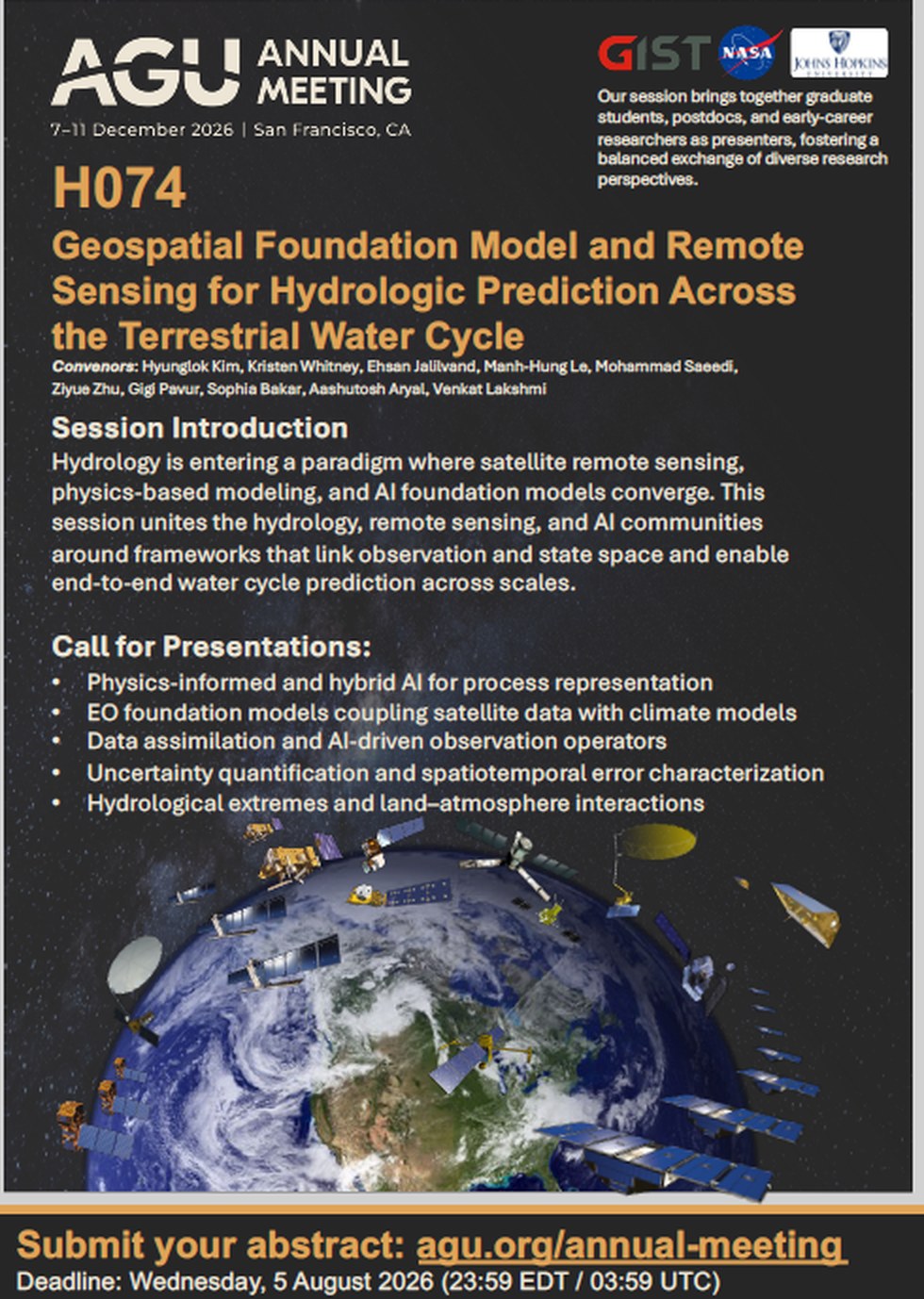 AGU Annual Meeting 2026 session H074 — Geospatial Foundation Model and Remote Sensing for Hydrologic Prediction Across the Terrestrial Water Cycle